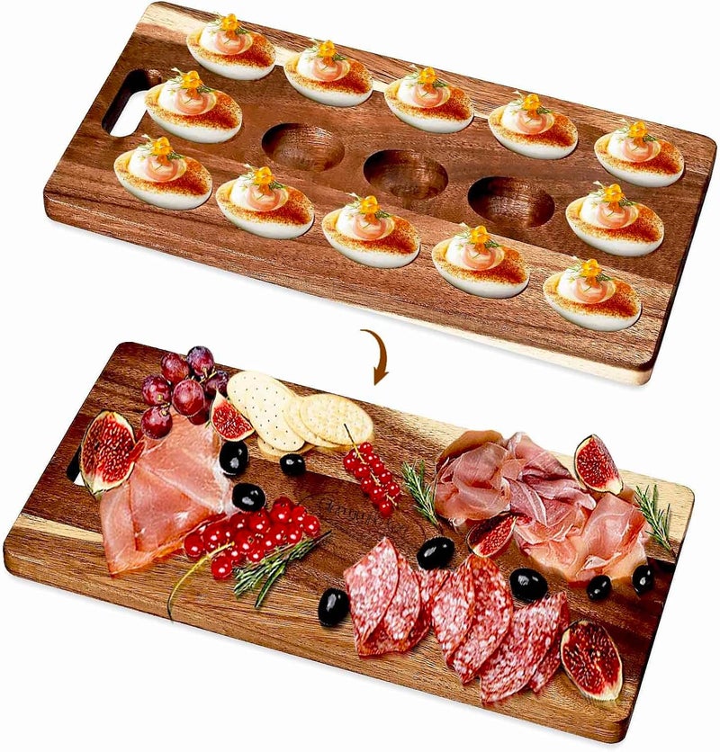 Erwuldor Acacia Wood Deviled Egg Platter,15Holes Deviled Egg Tray.Strip Deviled Egg Holder for Deviled Eggs.Small Charcuterie Board Easter Deviled Egg Carrier for Kitchen Countertops - Image 1